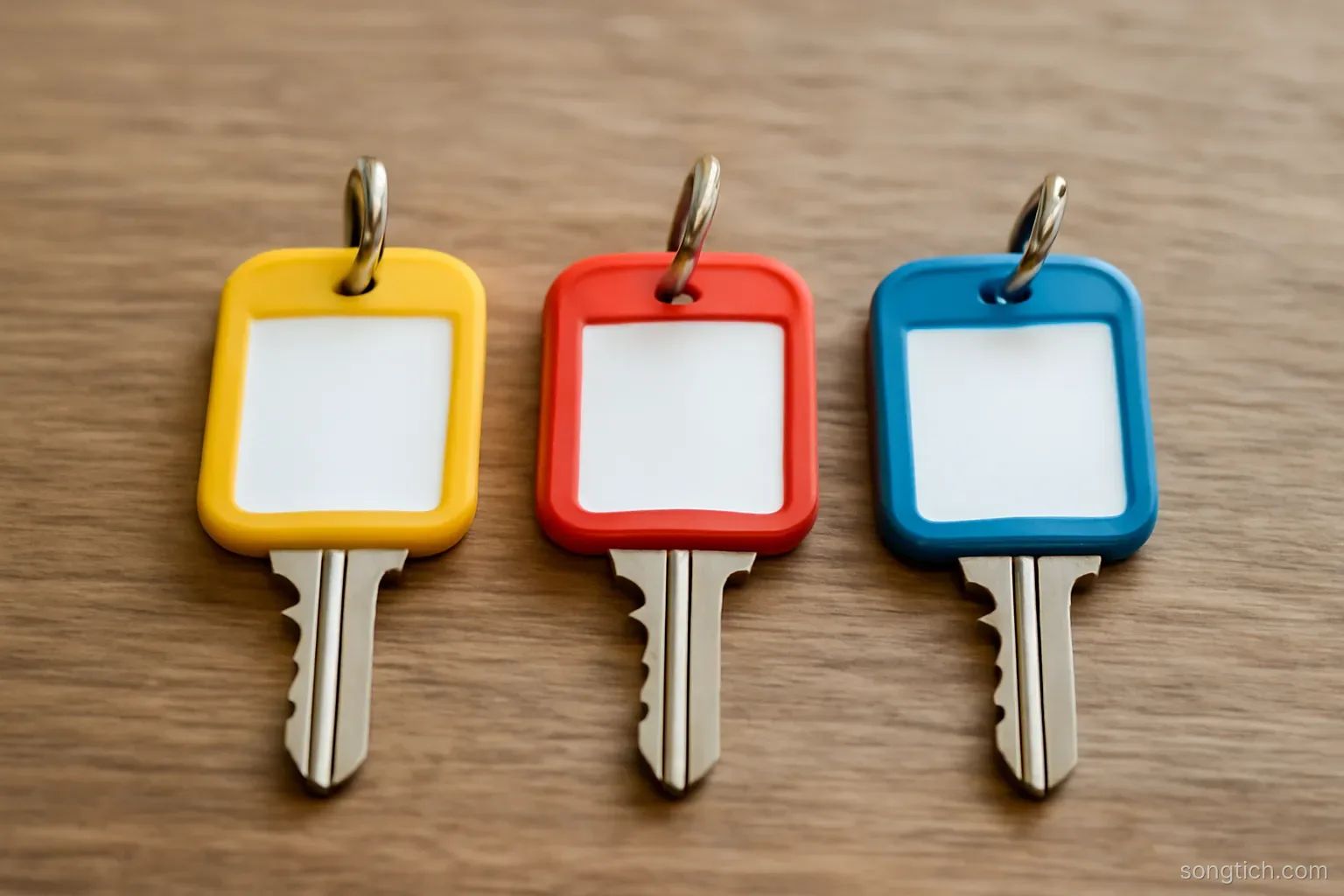 three identical house keys lying in a row on a wooden surface, each on a differently colored tag
