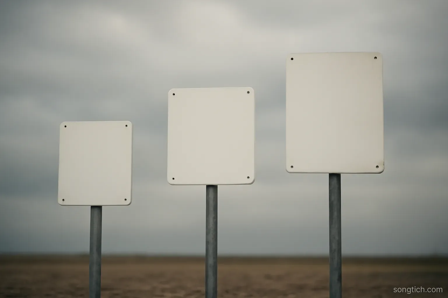 three blank signposts of different heights standing in a row on flat ground against an overcast sky