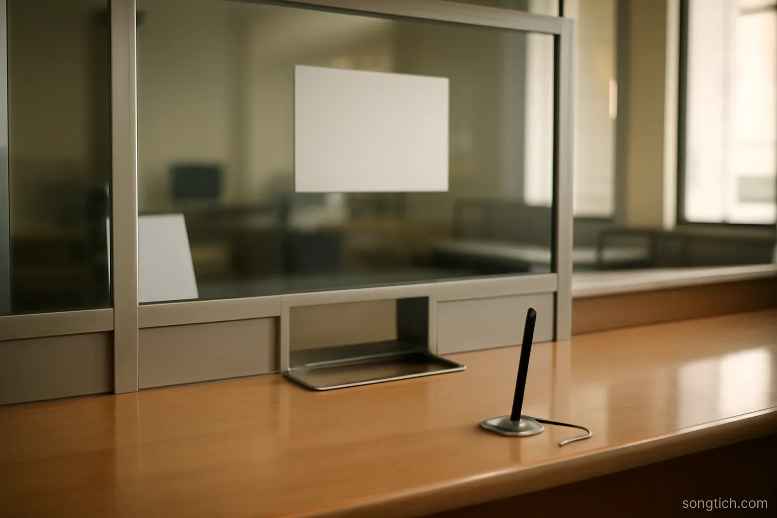 an empty bank counter with a closed teller window and a single pen on a chain, no people