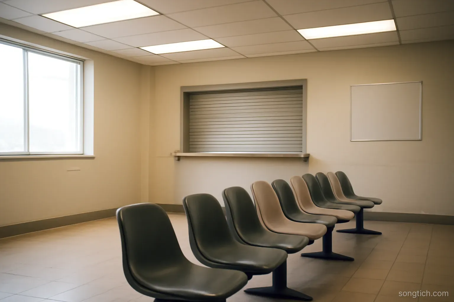 an empty waiting room with a row of plastic chairs and a closed service window, fluorescent lighting