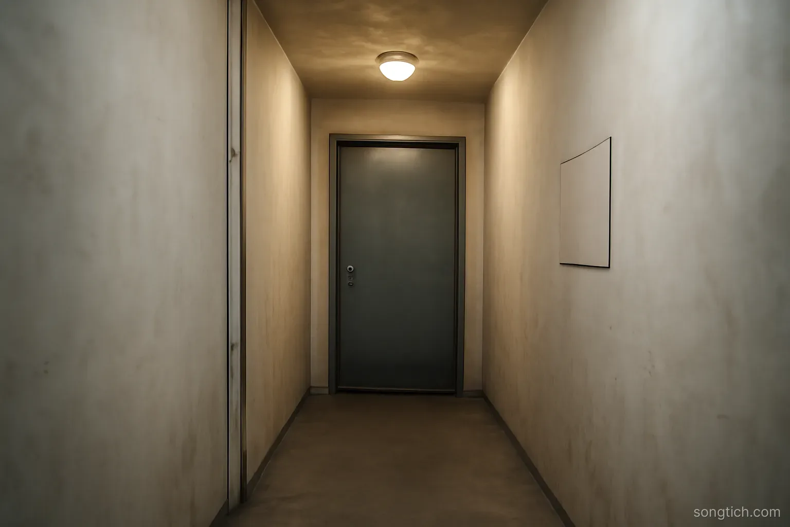 a narrow corridor with a single closed steel door at the end, lit by one ceiling lamp