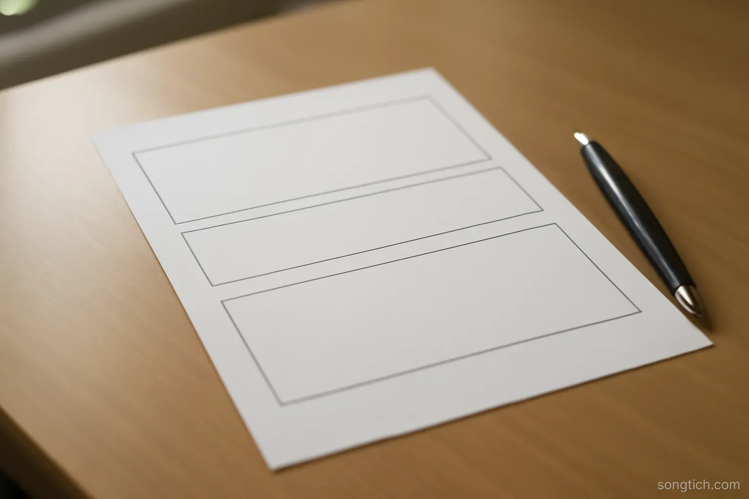 a printed form on a desk with four empty answer boxes of different sizes, pen lying beside it