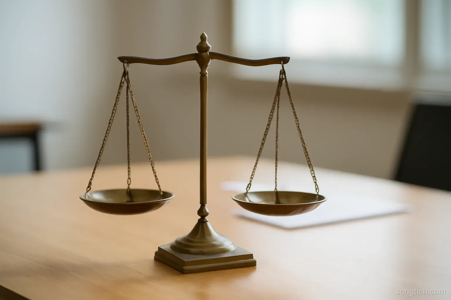 a set of small scales in perfect balance on a desk with both pans empty, side view