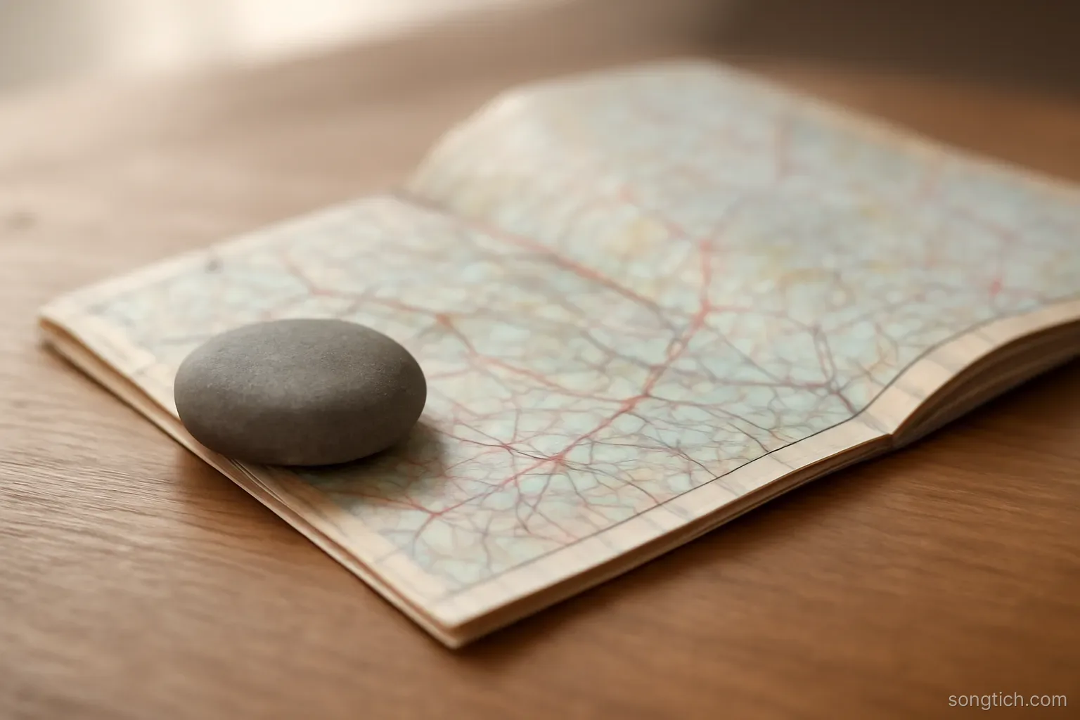 a folded road map spread partly open on a table with one corner weighted down by a smooth stone