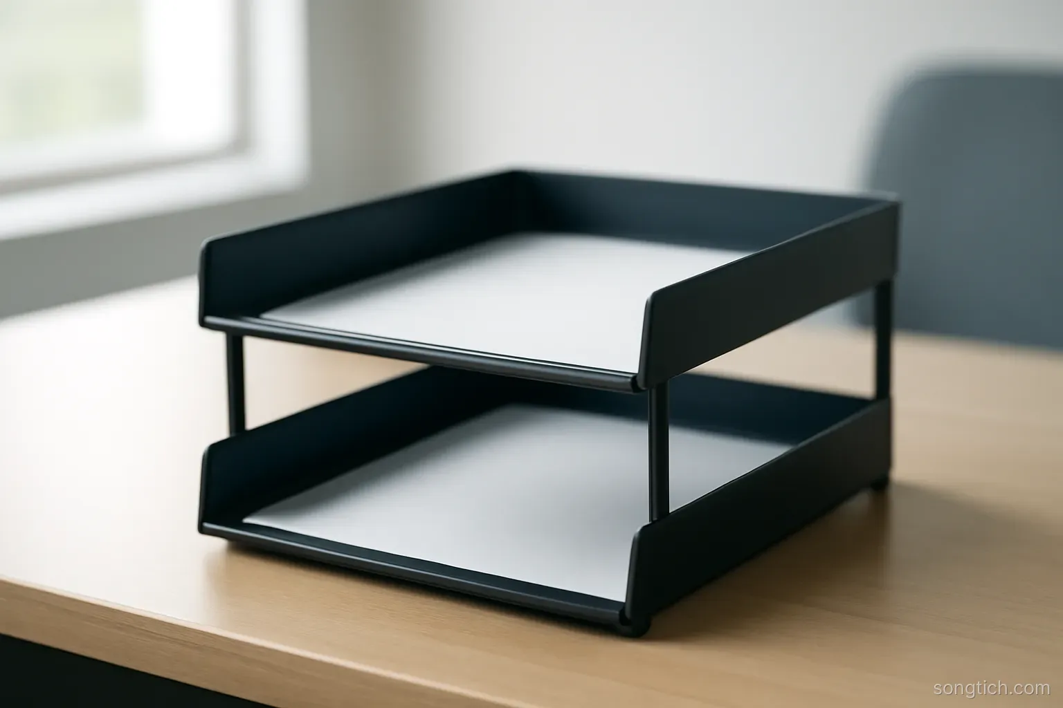 an empty in-tray and out-tray stacked on an office desk with nothing between them