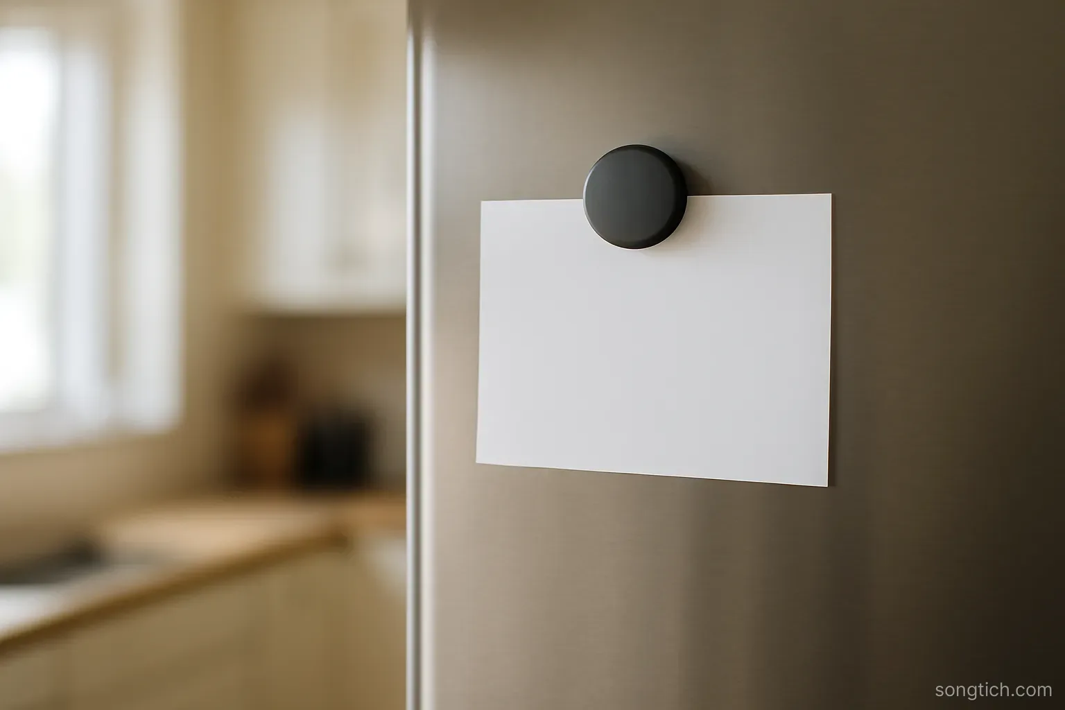 a small index card pinned to a fridge door with a magnet, the card blank, kitchen out of focus behind