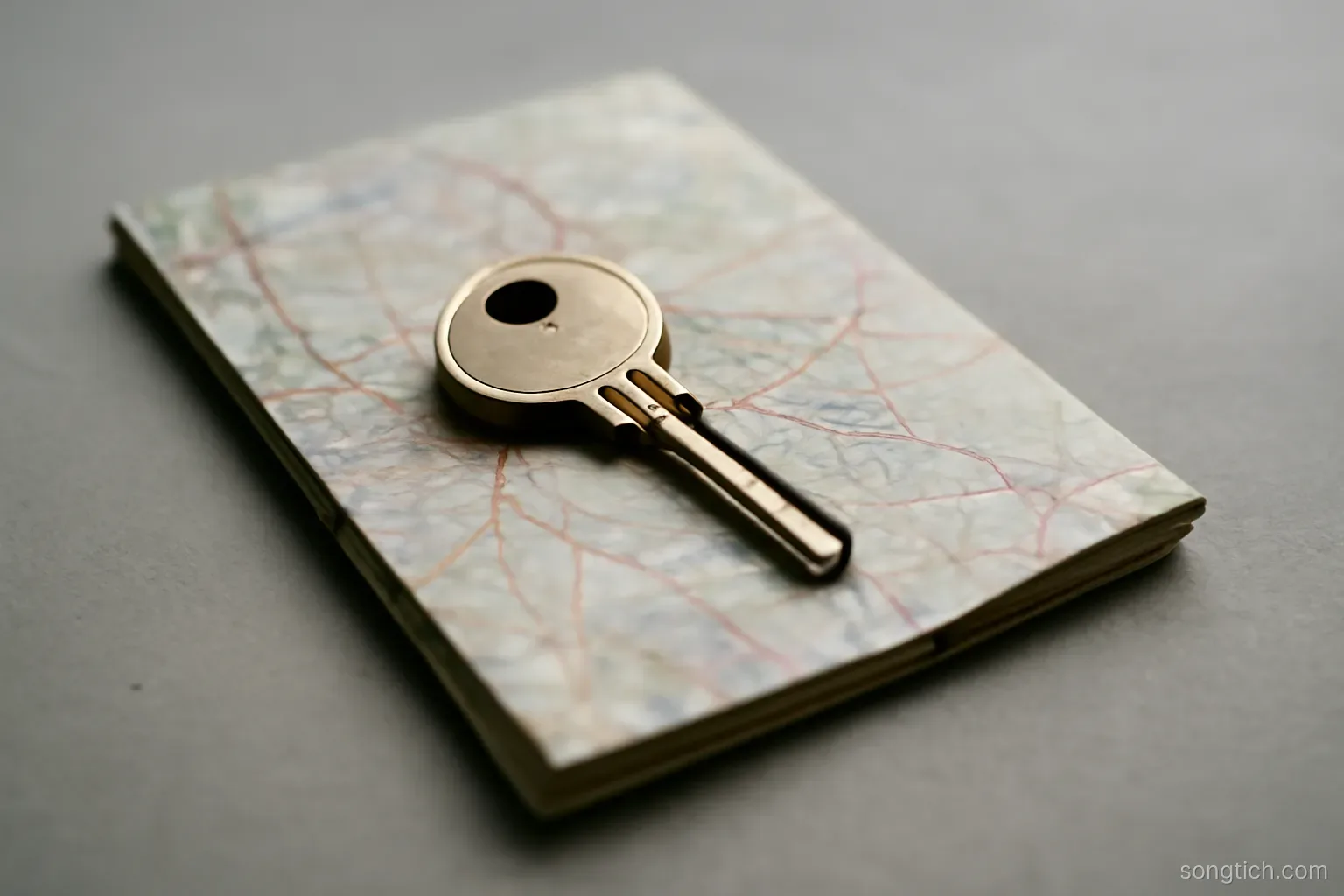 a single house key resting on a folded paper map, both lying on a plain grey surface