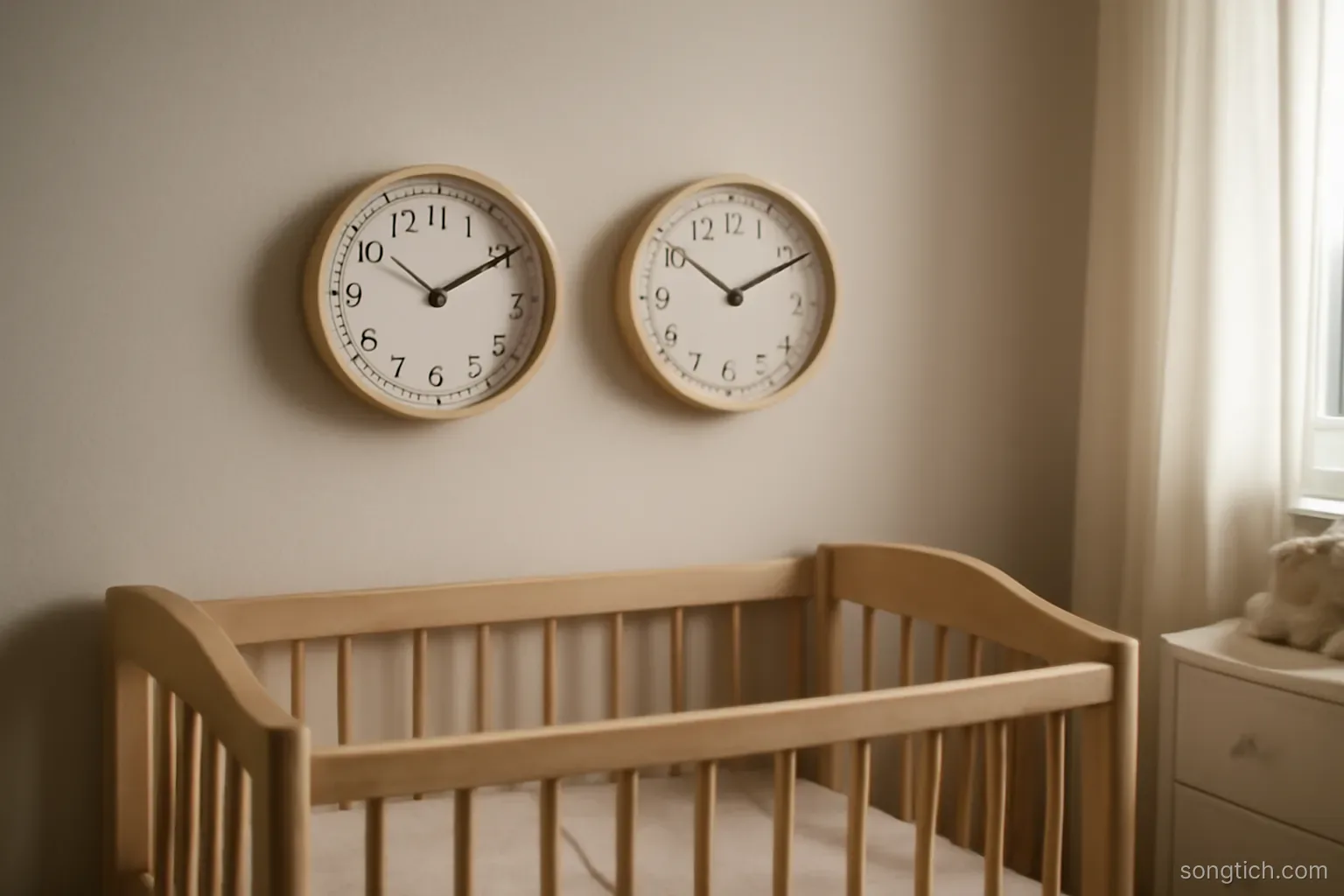 two small wall clocks hanging side by side showing different times in an empty nursery room