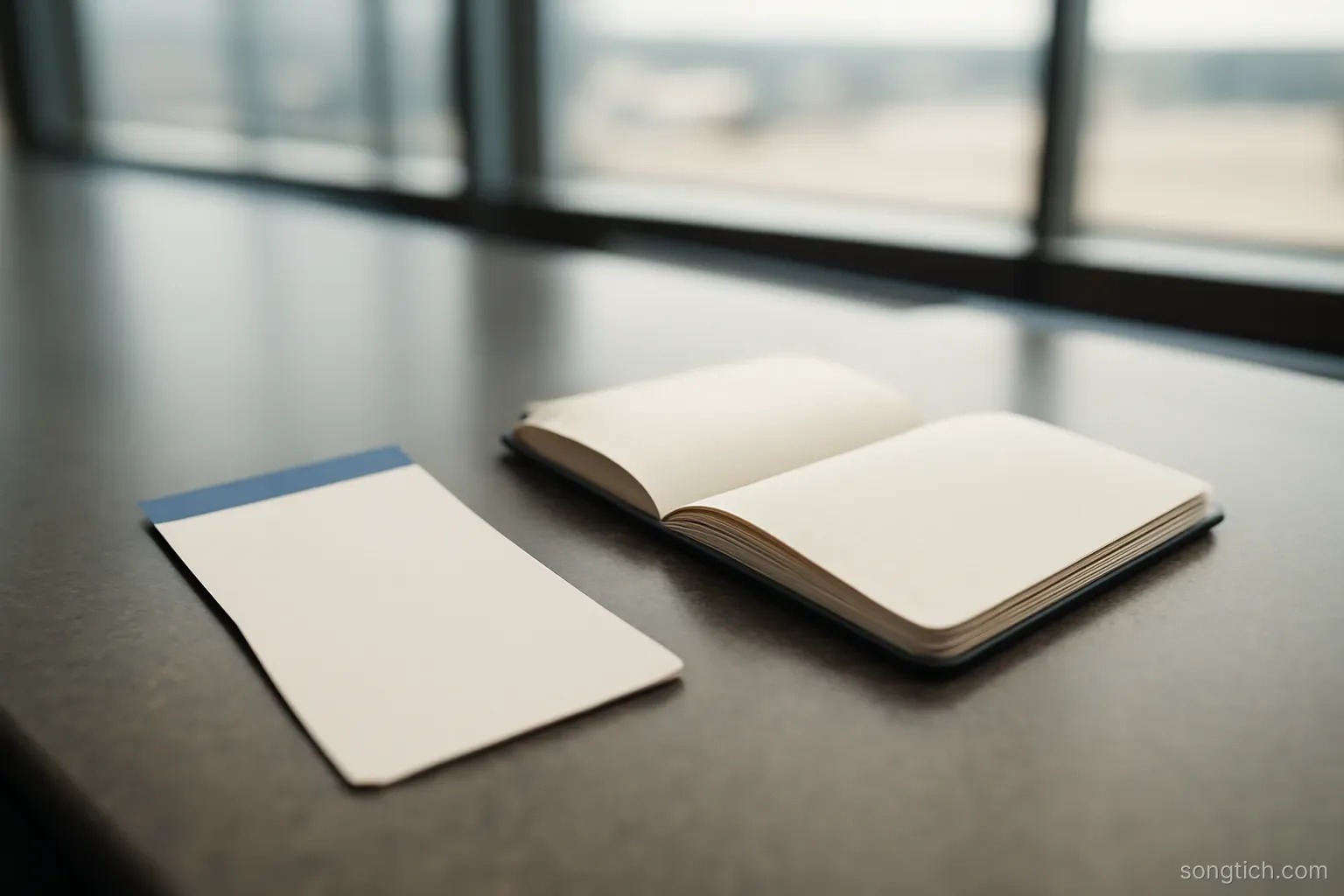 a boarding pass and an open notebook lying on an airport counter surface, no writing visible on either