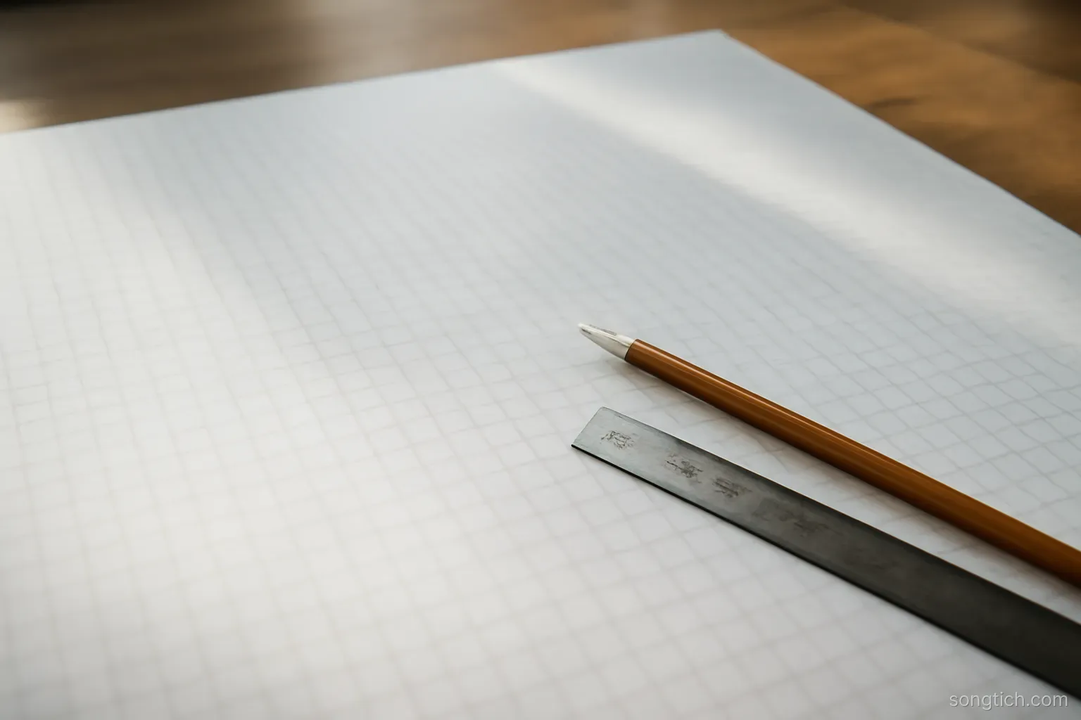 a large sheet of blank grid paper spread on a table with a ruler and pencil laid across one corner