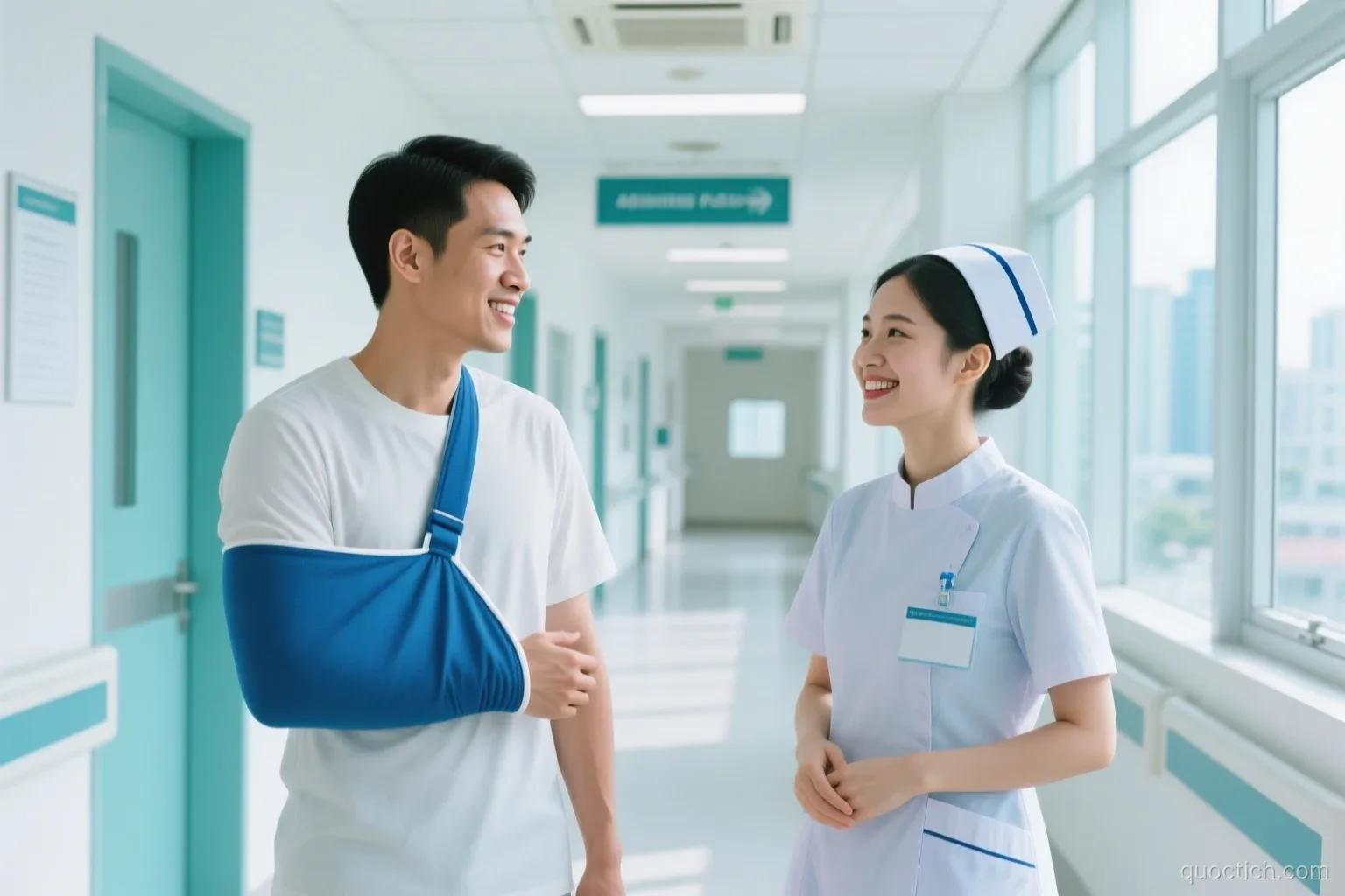 Vietnamese-Australian man with his arm in a blue sling chatting with a smiling nurse in a clean, bright modern hospital corridor in Ho Chi Minh City, medium shot, soft white and teal tones, daylight from windows