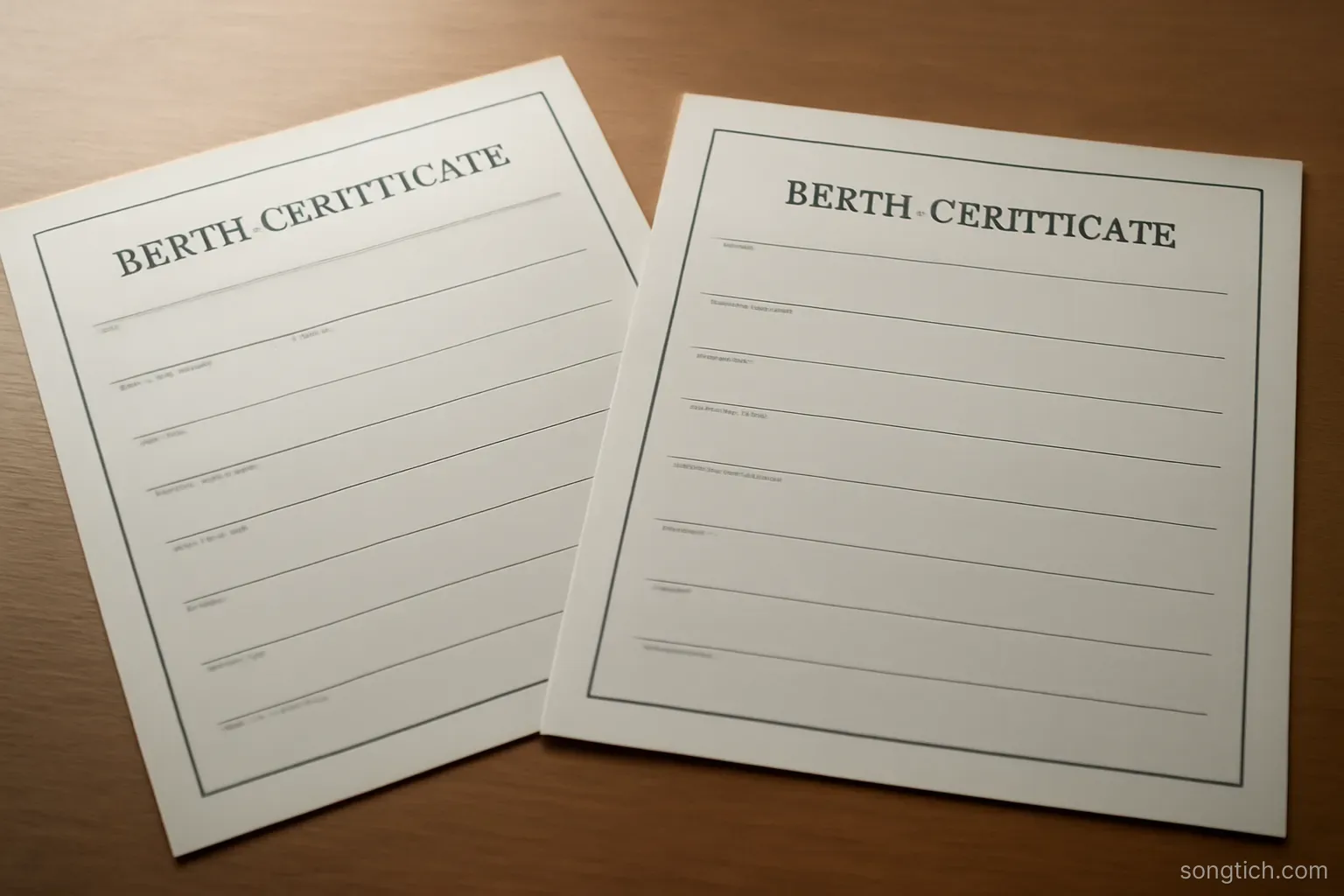 two birth certificate forms lying side by side on a table, both with blank name fields, overhead view
