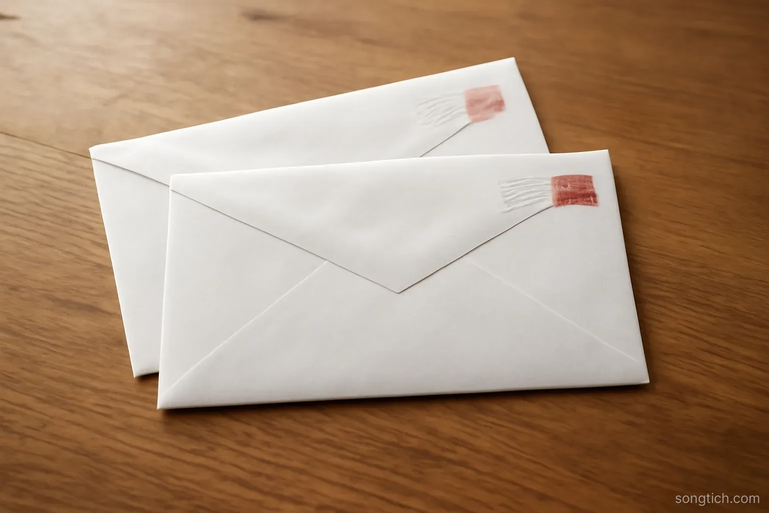 two identical envelopes stamped and unopened lying overlapped on a wooden desk, seen from above