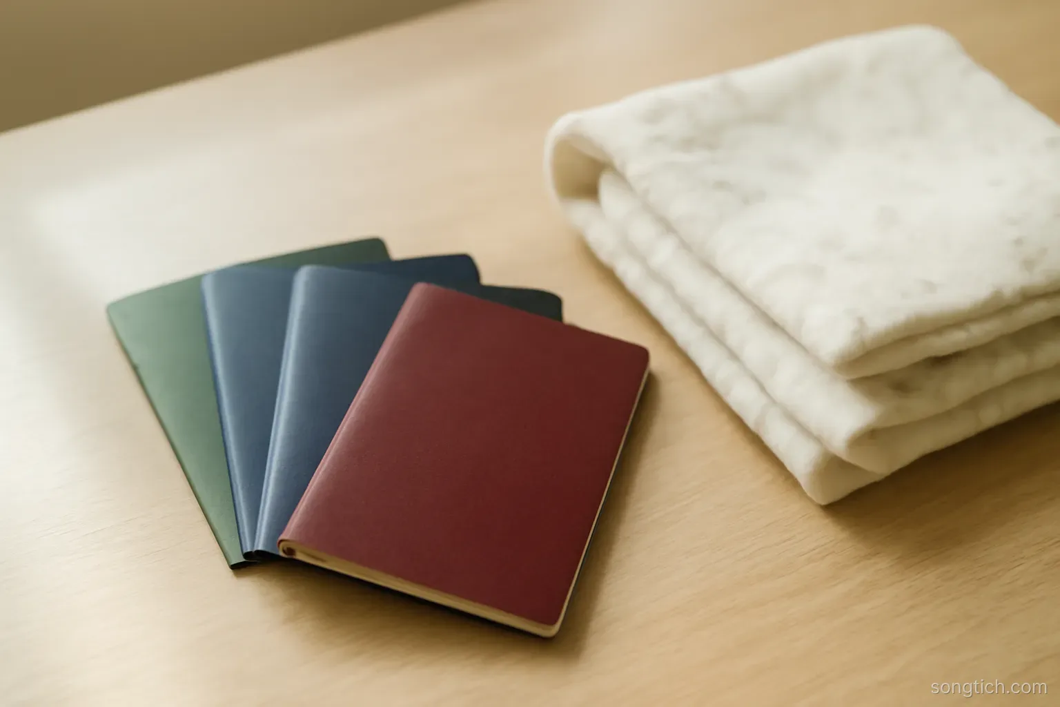 four passports of varying colors fanned out on a table beside a small folded stroller blanket