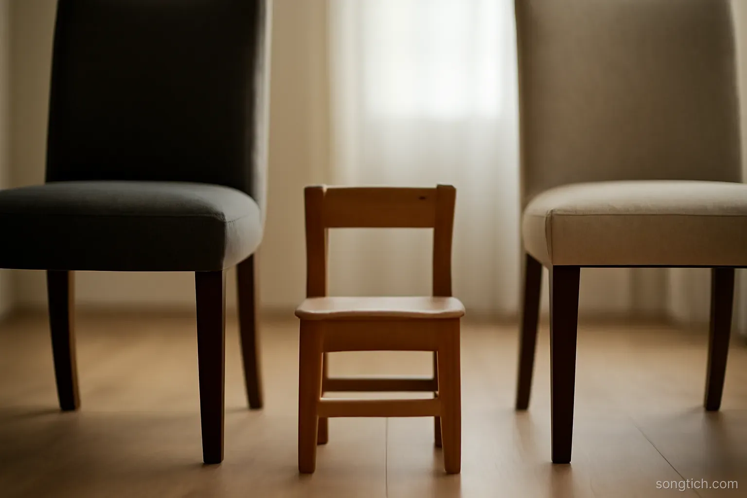 a small wooden chair positioned exactly between two larger chairs facing away from each other