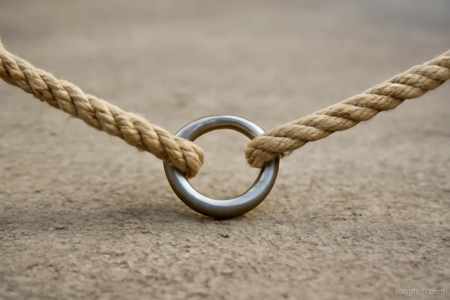 two ropes pulled taut in opposite directions from a single metal ring lying on bare concrete