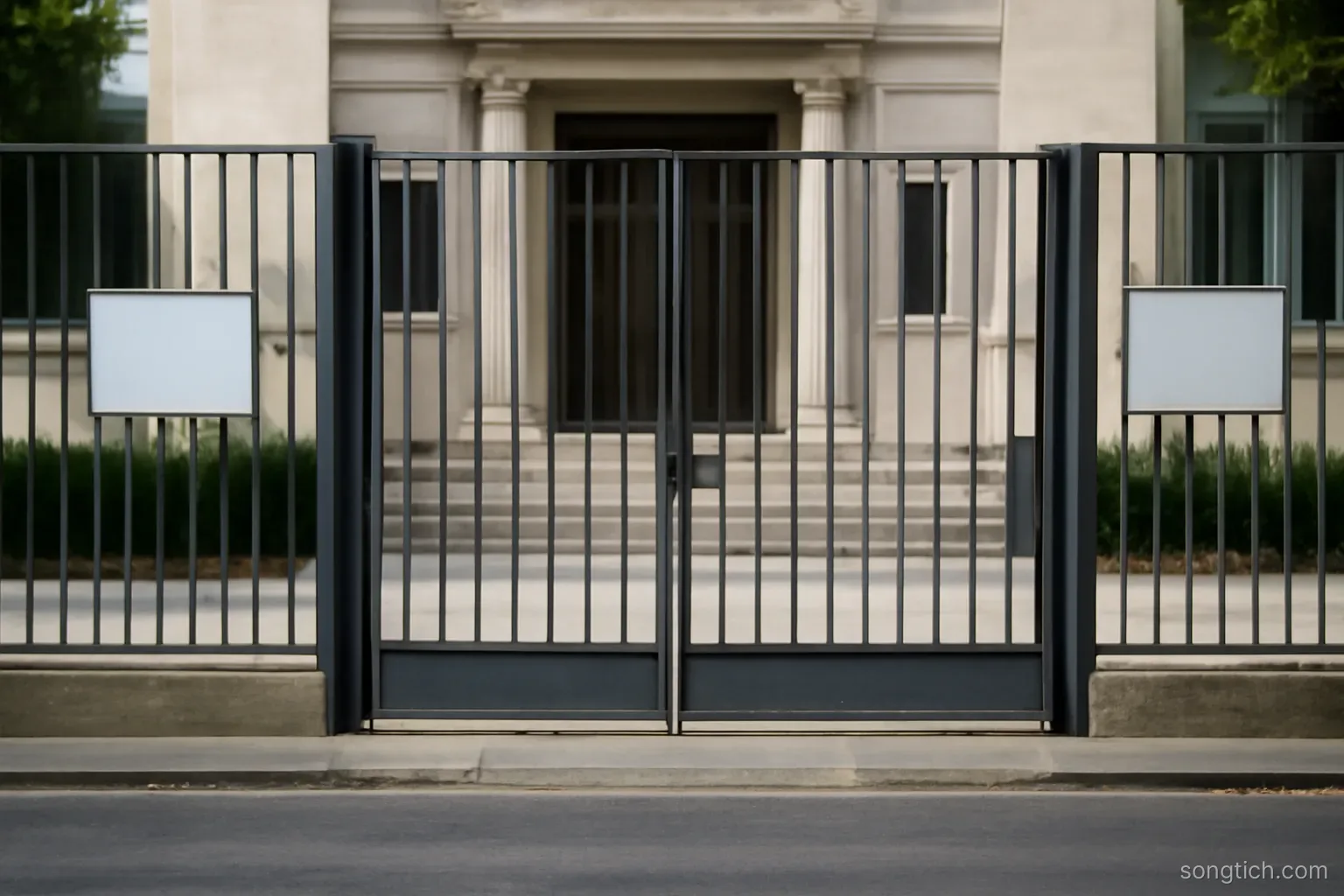 a closed embassy-style gate with plain metal bars seen from the street, no signage visible