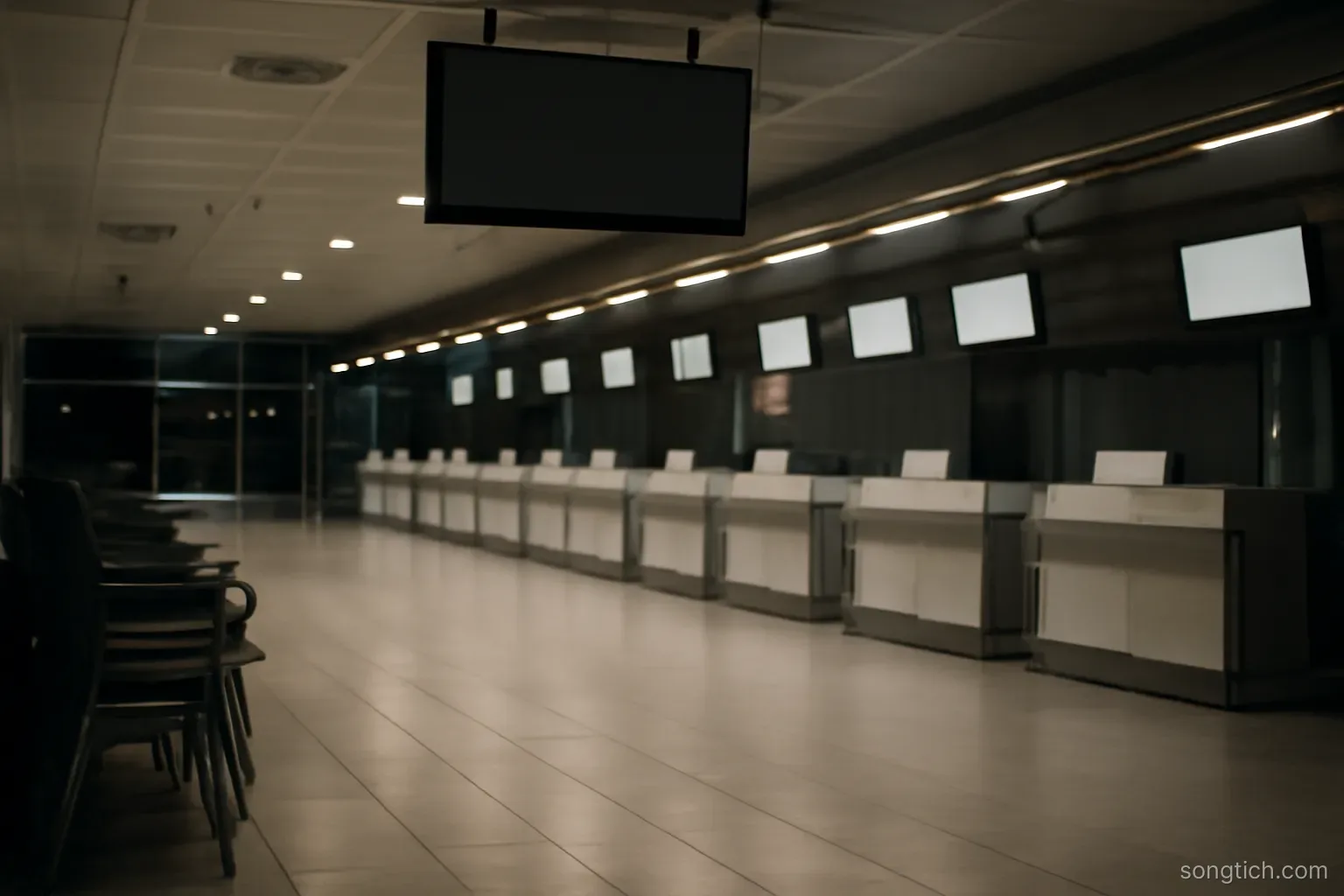 an empty airport departure hall at night with all counters closed and chairs stacked to one side