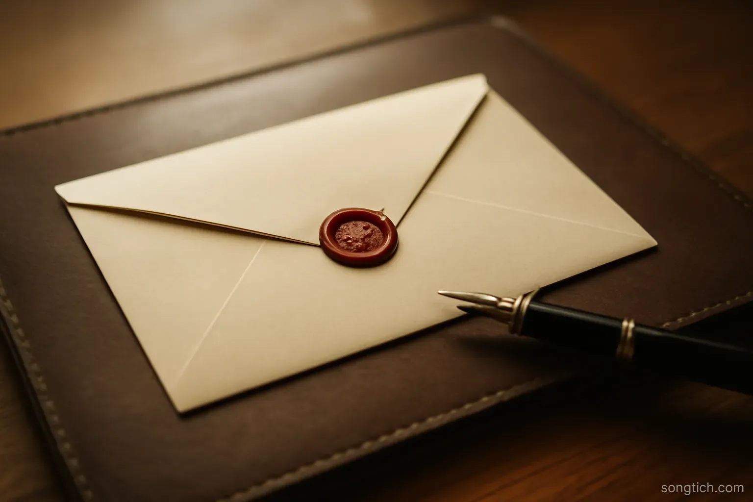 a sealed envelope and a fountain pen resting on a closed leather folder, warm side lighting