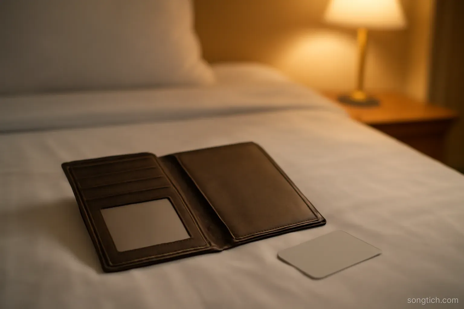 an open empty travel wallet lying on a hotel bed with the room key card beside it, soft lamp light