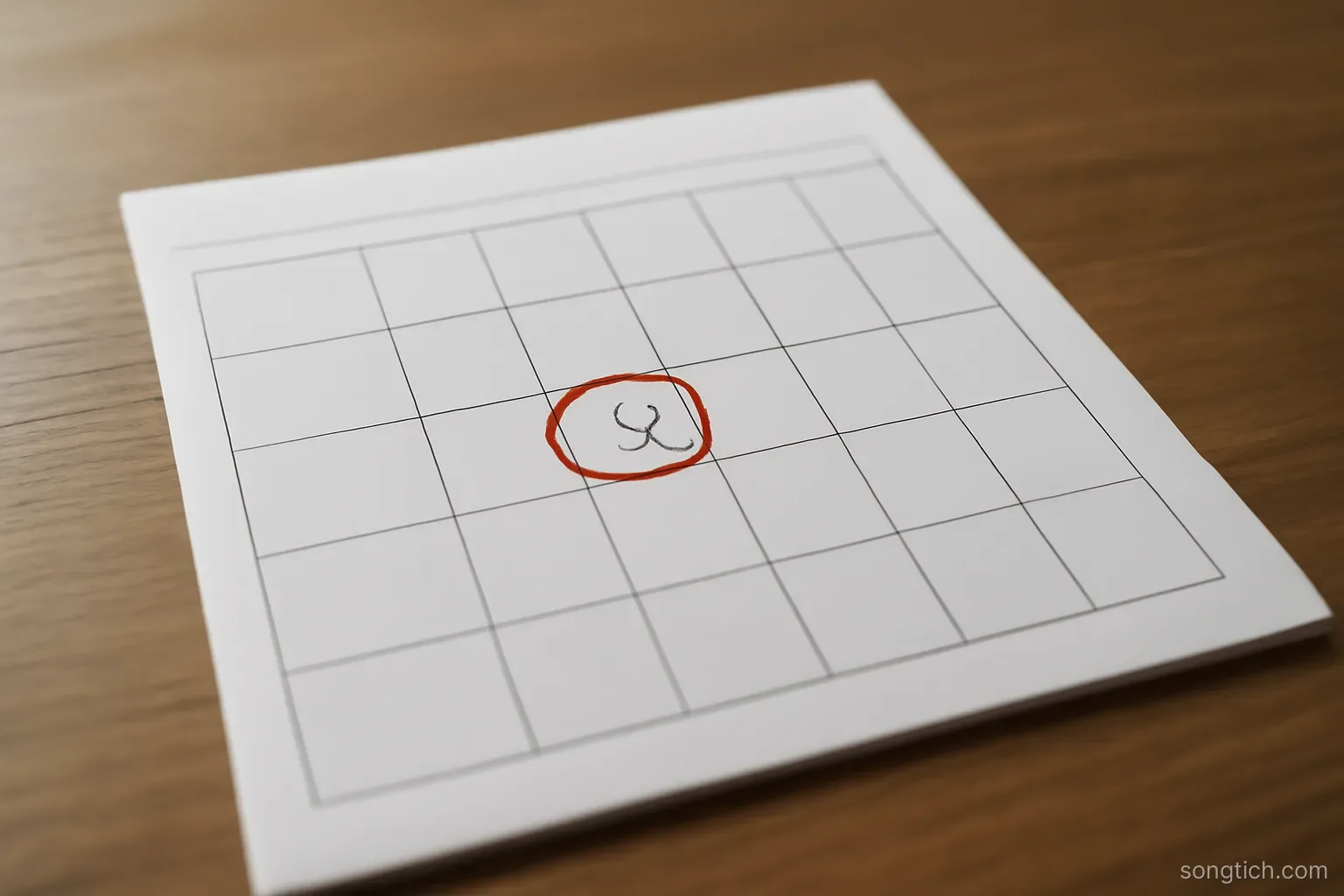 a single calendar page with one date circled in pen, the rest of the squares empty, lying on a desk