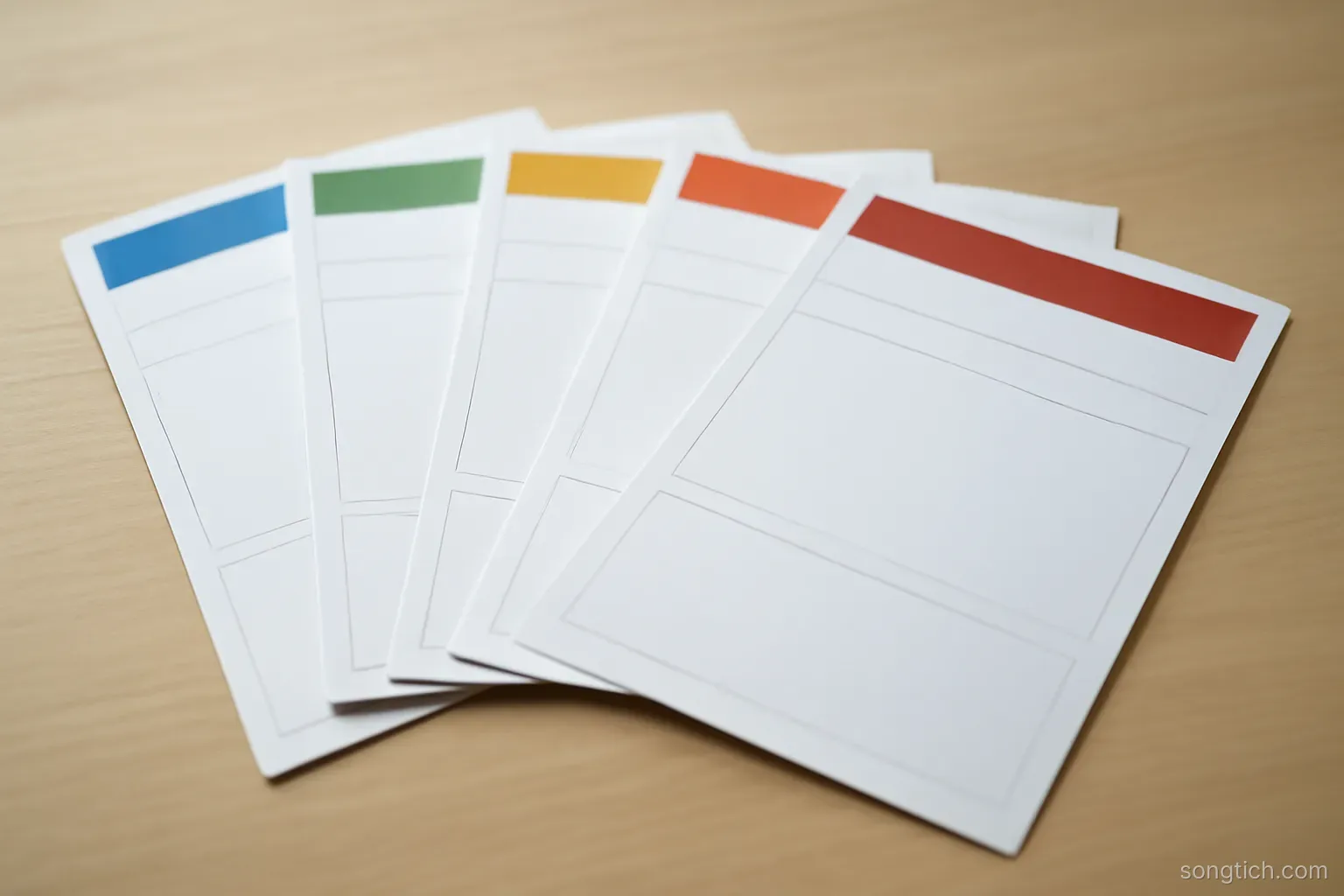five identical blank forms fanned out across a desk surface, each with a different colored header bar