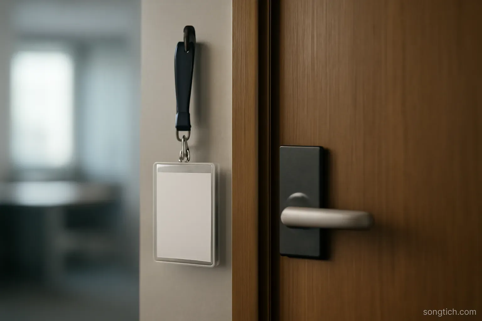 an empty office badge lanyard hanging on a hook beside a closed door with a card reader