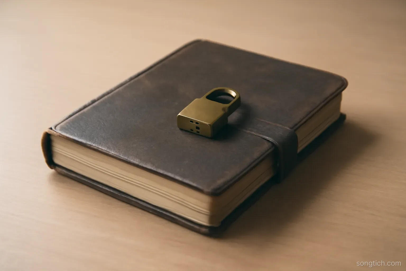 a closed ledger book with a small brass lock on its cover, resting on a plain desk surface