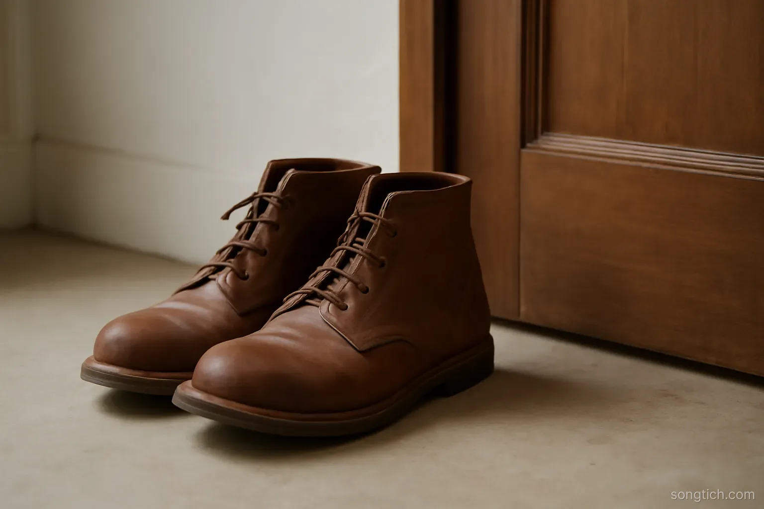 a pair of plain boots placed neatly side by side on a bare floor beside a closed wooden door