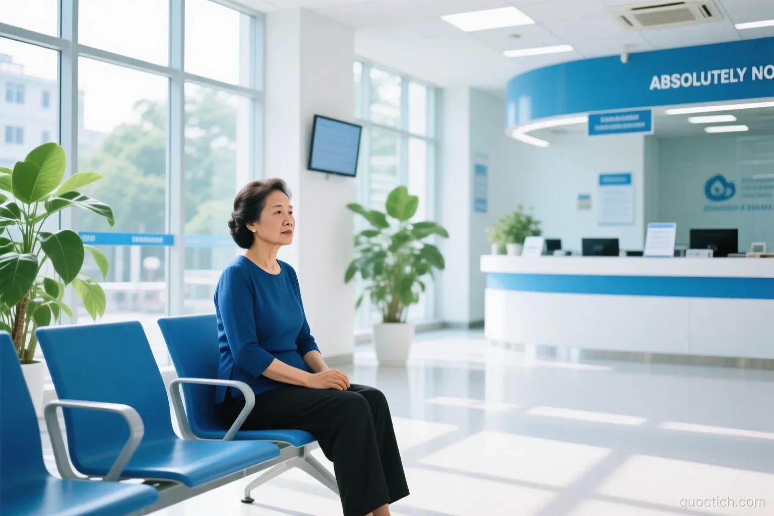 Overseas Vietnamese woman in her forties waiting calmly on a blue chair in a bright, airy modern public service hall in Hanoi with large windows and green plants, medium shot, clean white and blue tones