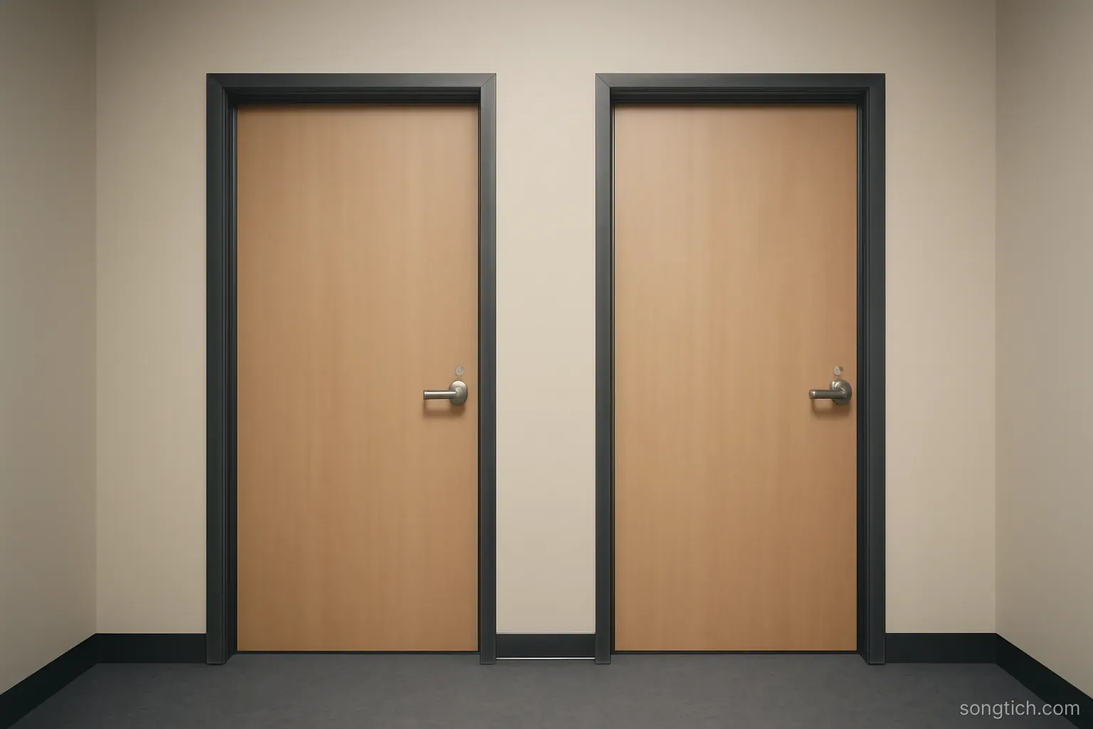 two identical office doors side by side in a plain hallway, both closed, viewed straight on