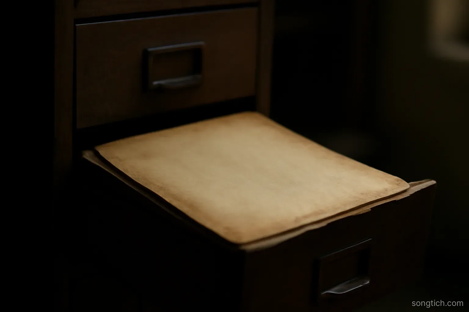 an old paper file pulled halfway out of a drawer, its edges yellowed, in a dim room