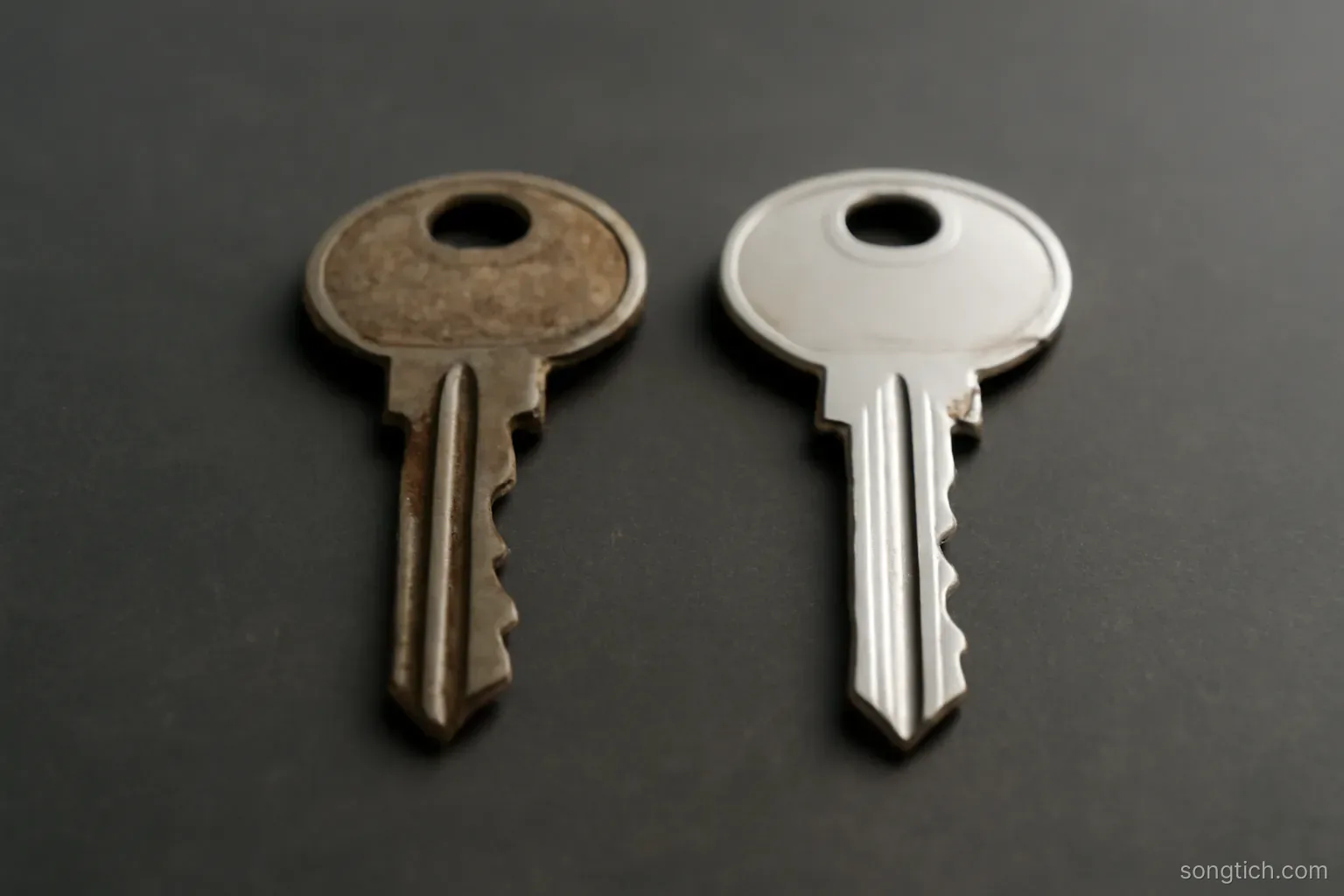 two identical keys lying side by side on a dark surface, one noticeably older and worn than the other