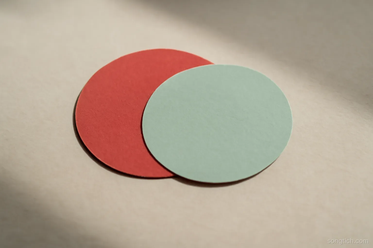 two overlapping paper circles cut from different colored sheets lying on a table, the overlap area on top