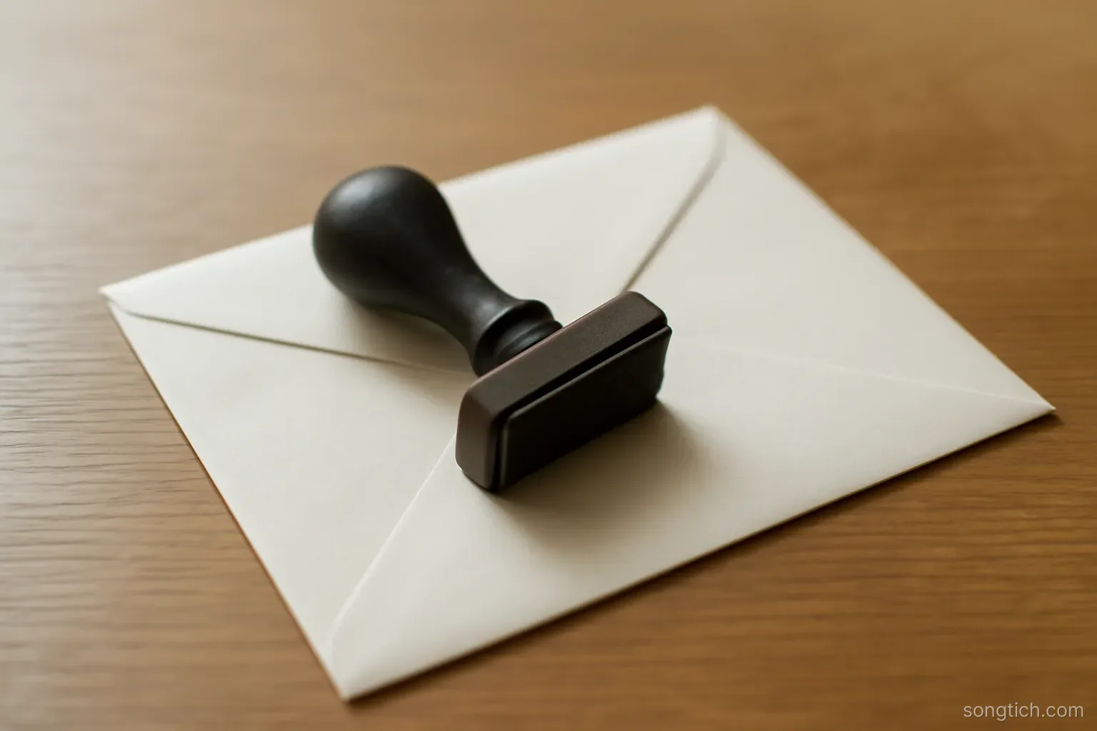 a rubber stamp lying face down on an unopened envelope, both on a bare desk under flat light
