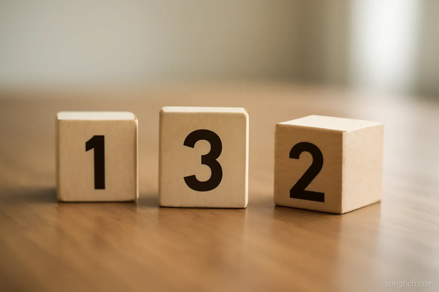 three numbered wooden blocks arranged out of sequence on a table, one lying on its side