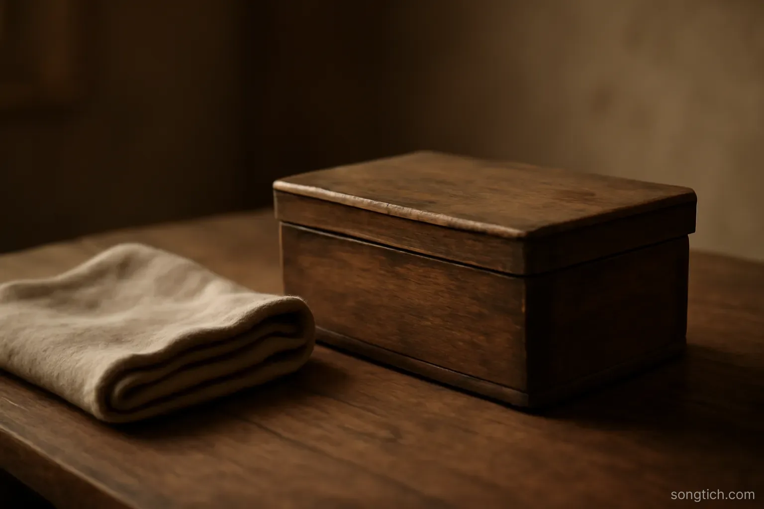 an old wooden box with its lid closed sitting on a table beside a folded cloth, dim warm light