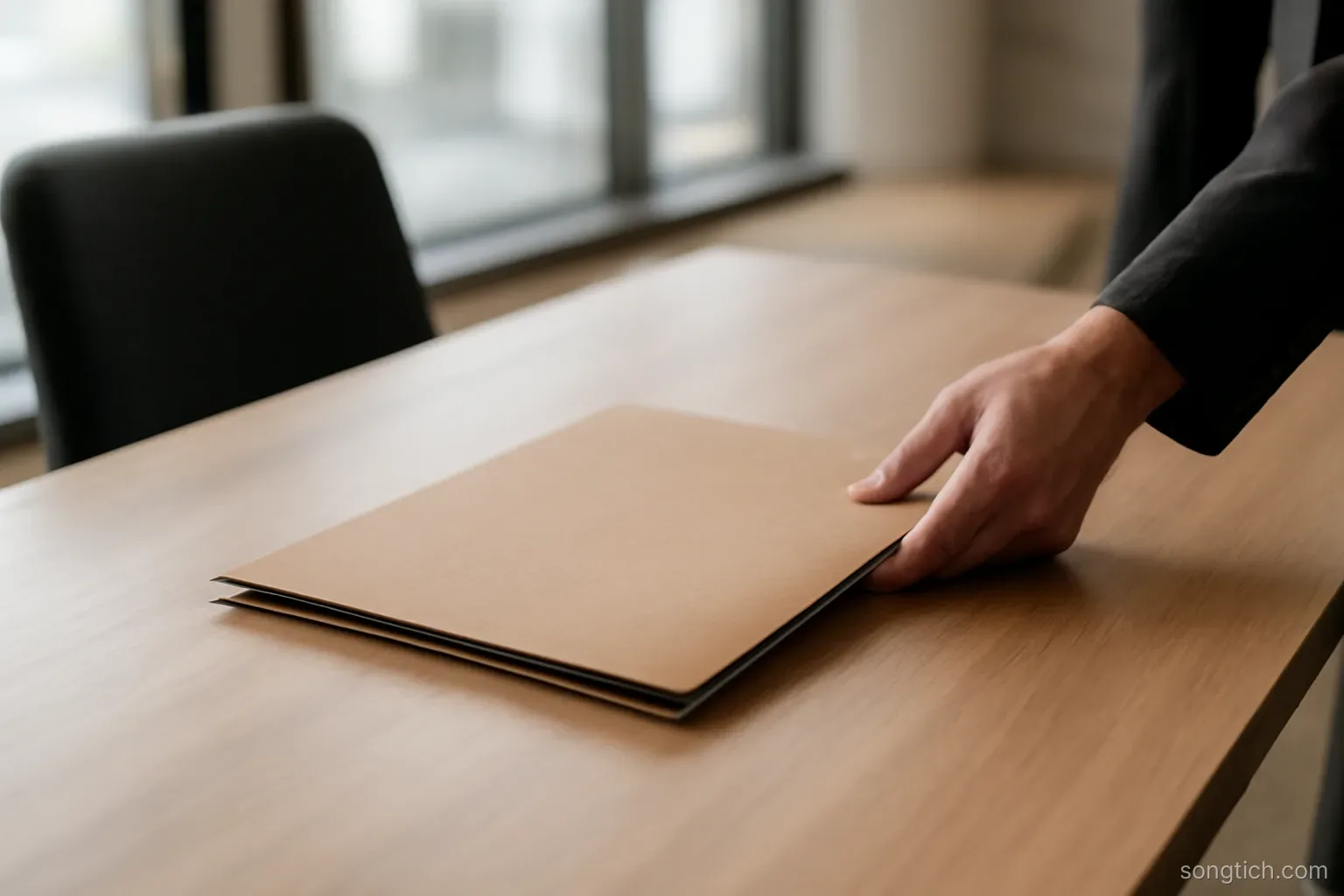 a document folder being set down on a table between two chairs, one hand withdrawing from it