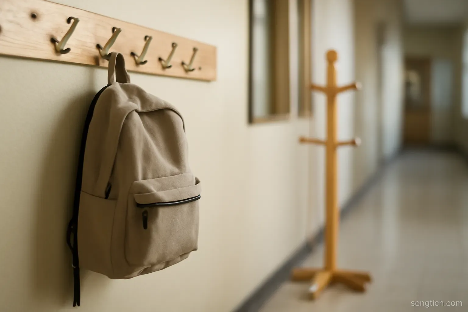 an empty school backpack hanging on a hook beside a child-height coat rack in a hallway