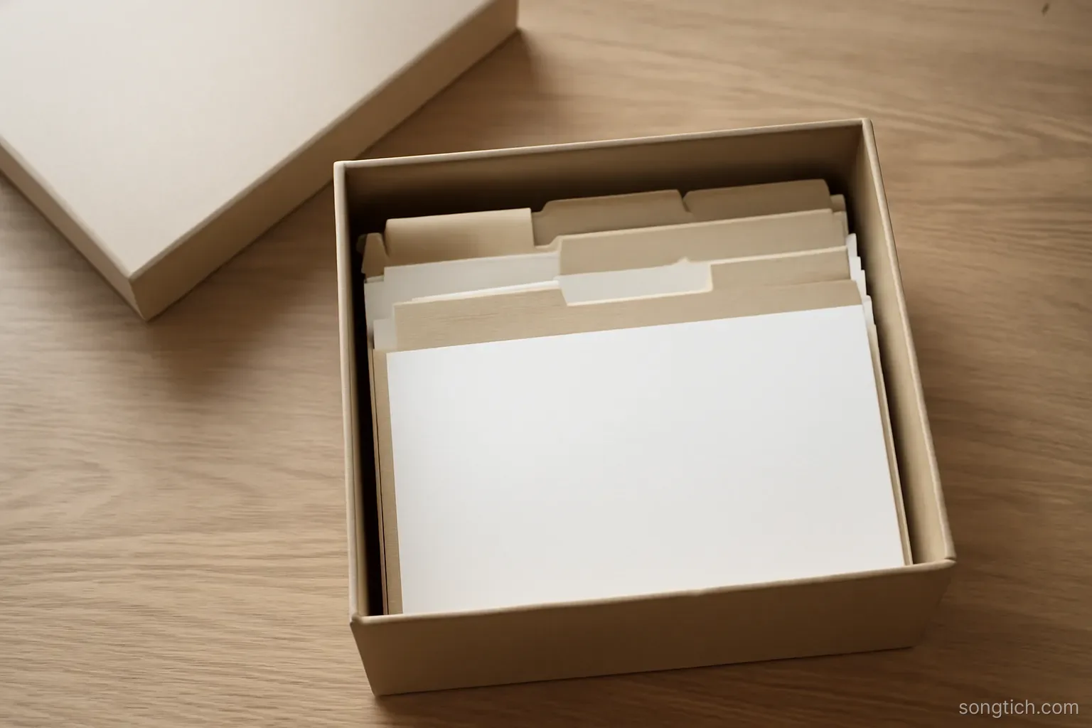 a plain document box with its lid set aside, several labeled dividers visible inside, overhead view