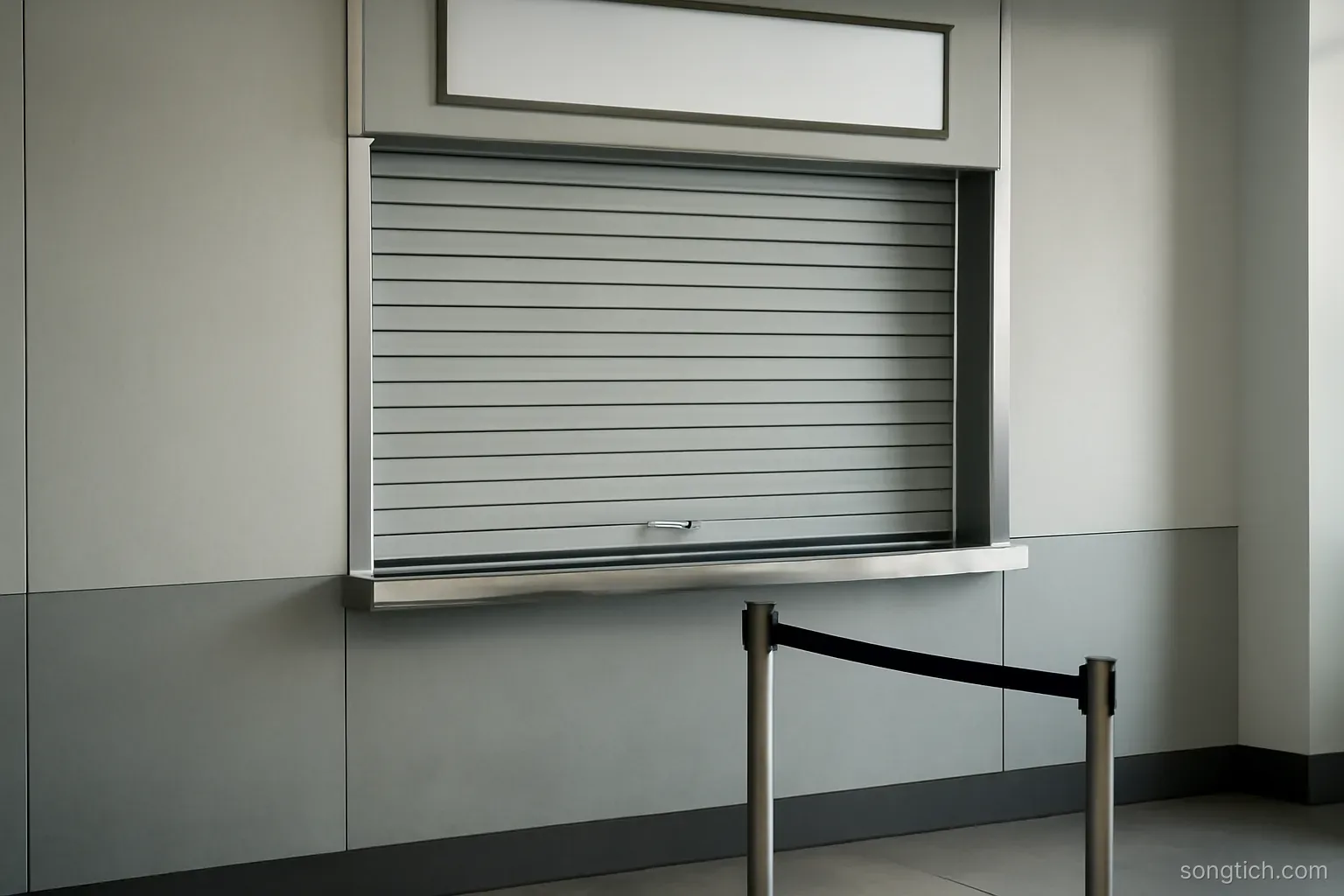 a plain immigration booth window with a closed shutter and an empty queue barrier in front of it